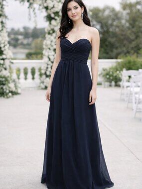 Alfred Angelo Navy Blue Strapless chiffon flowing formal dress sz 6